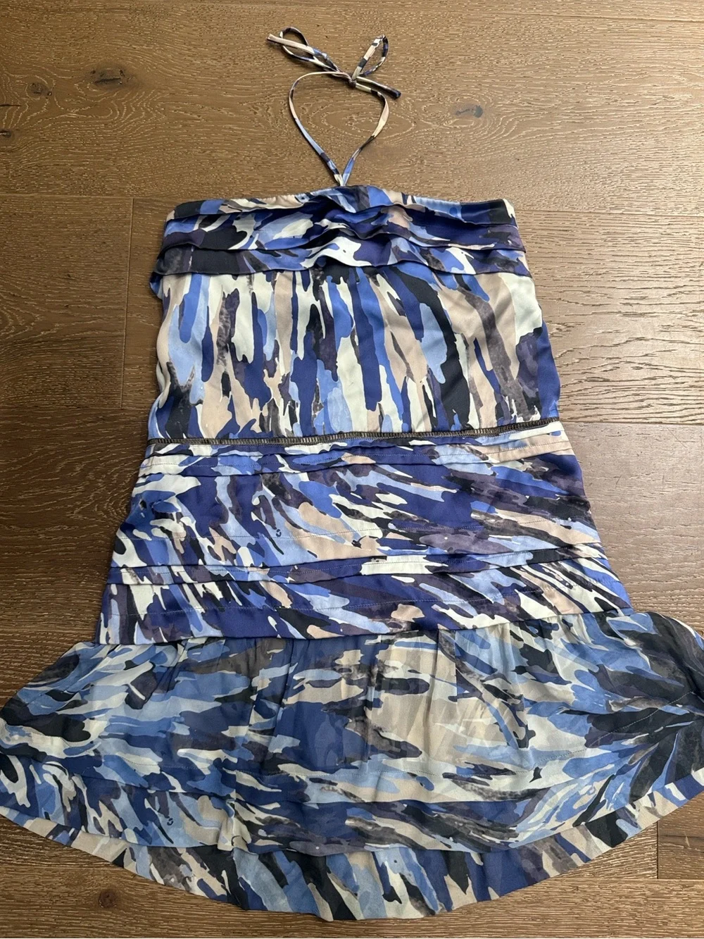 Blue Abstract Halter Ruffle Mini Dress - Picture 2 of 6